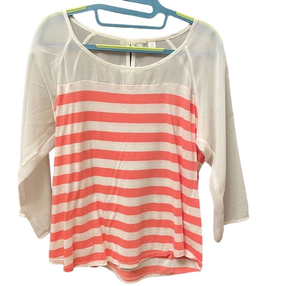 LC Lauren Conrad Women's Striped Baseball Tee Coral/White Size M 3/4 Sleeve